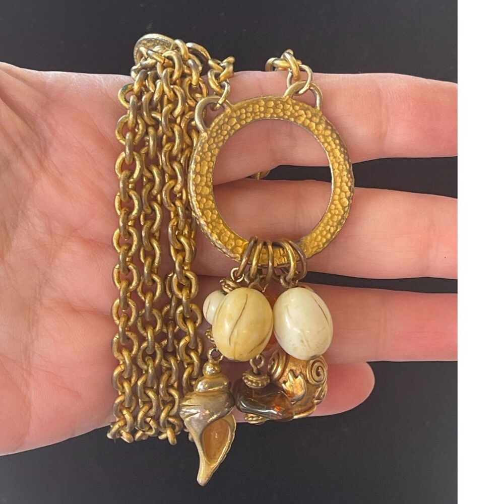 Rare Leslie Block Chunky Long Statement Necklace Gold Tone Charm Accents 32" VTG